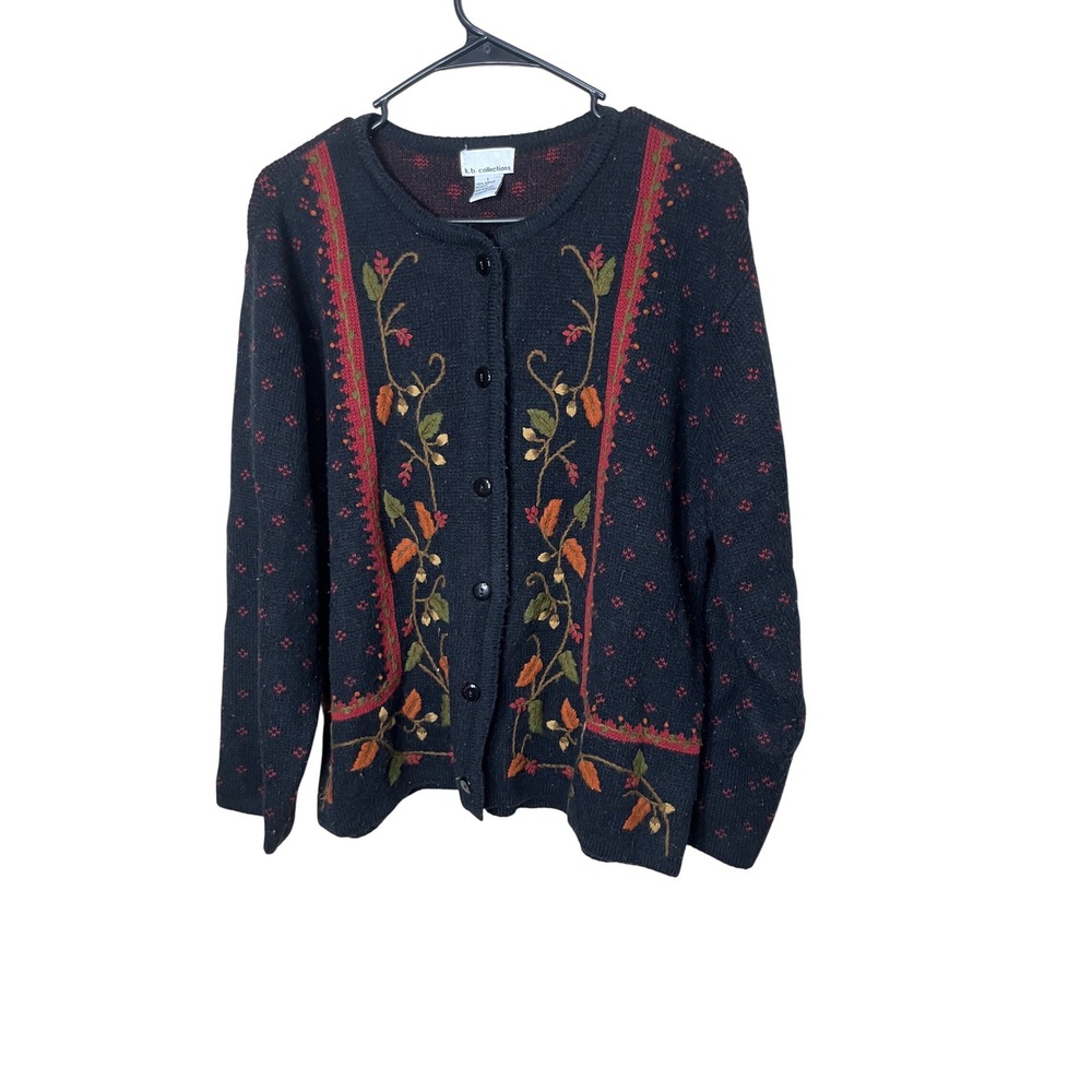 Vintage K.B. Collections Black Floral Embroidered Button Cardigan Sweater L